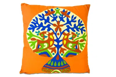 Breebe Set Of Two 16" Orange And Blue Patchwork Tree Cotton Throw Pillows With Applique And Embroidery