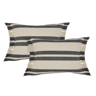 Breebe Set Of Two 16" X 24" Off White And Grey Lumbar Striped Cotton Throw Pillows With Frosted And Fringe