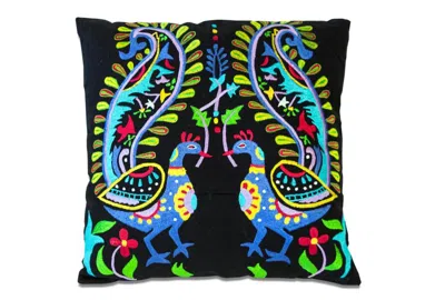 Breebe Set Of Two 18" Black And Blue Peacock Cotton Throw Pillows With Embroidery