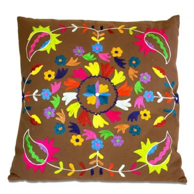 Breebe Set Of Two 20" Brown And Pink Floral Cotton Throw Pillows With Embroidery