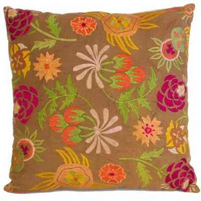 Breebe Set Of Two 20" Brown Green And Pink Floral Cotton Throw Pillows With Embroidery