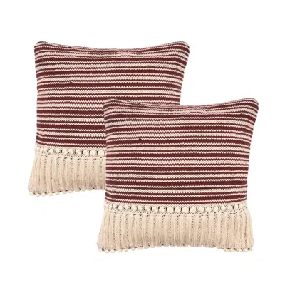 Breebe Set Of Two 20" Cream And Maroon Striped Cotton Throw Pillows With Fringe