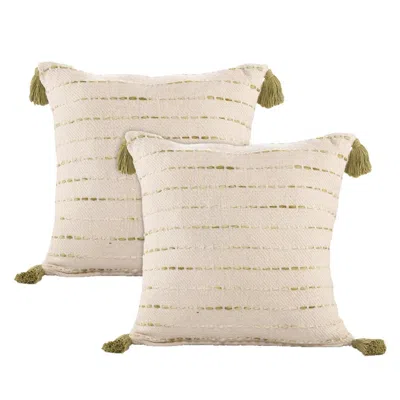 Breebe Set Of Two 20" Cream And Olive Green Striped Cotton Blend Throw Pillows