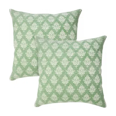 Breebe Set Of Two 20" Green And Off White Damask Cotton Throw Pillows