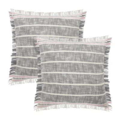 Breebe Set Of Two 20" Grey And Pink Striped Cotton Throw Pillows With Fringe