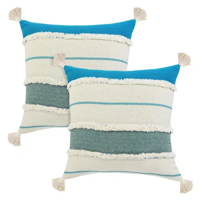 Breebe Set Of Two 20" Ivory And Turquoise Striped Cotton Throw Pillows With Tassels And Texture