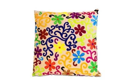 Breebe Set Of Two 20" Natural Blue And Yellow Floral Cotton Throw Pillows With Embroidery