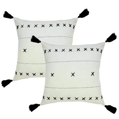 Breebe Set Of Two 20" Off White And Black Geometric Cotton Throw Pillows With Tassels
