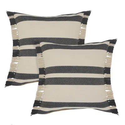Breebe Set Of Two 20" Off White And Grey Striped Cotton Throw Pillows With Frosted And Fringe