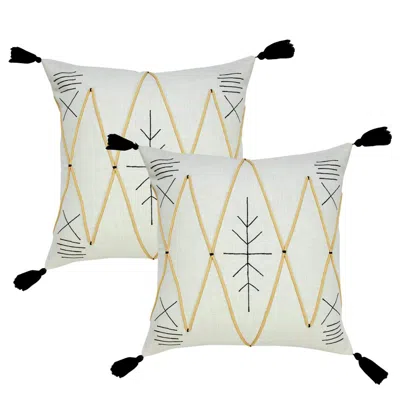 Breebe Set Of Two 20" Off White Black And Ochre Geometric Cotton Throw Pillows