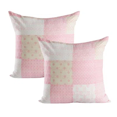 Breebe Set Of Two 20" Pink And White Patchwork Cotton Throw Pillows