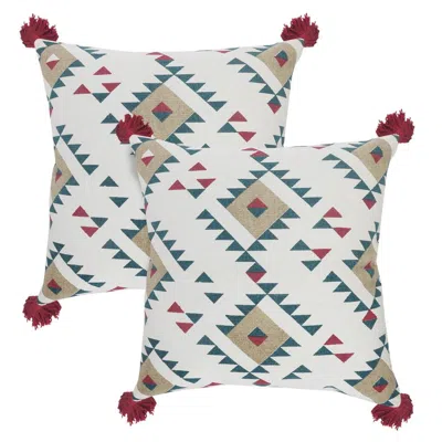 Breebe Set Of Two 20" White Teal Blue Tan And Crimson Geometric Cotton Throw Pillows
