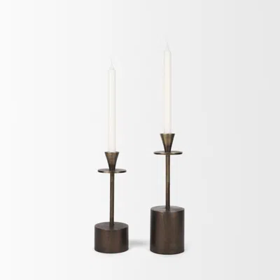 Breebe Set Of Two Antiqued Gold Metal Floor Taper Candlesticks In Brown