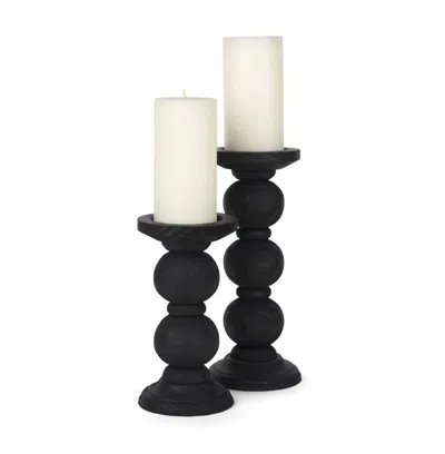 Breebe Set Of Two Black Wood Abstract Tabletop Candle Holders