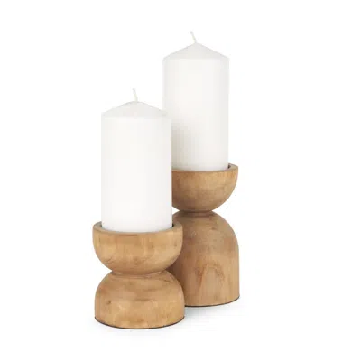 Breebe Set Of Two Brown Distressed Geometric Solid Wood Tabletop Pillar Candle Holders