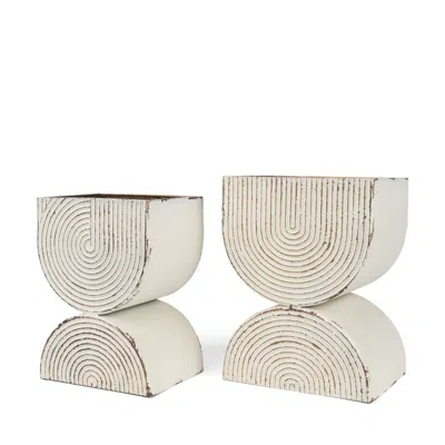 Breebe Set Of Two Gold And Off White Metal 20 Ounce Geometric Rectangular Distressed Pot Planters In Neutral