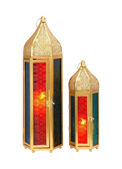 Breebe Set Of Two Gold Blue And Red Filigree Metal And Colored Glass Tabletop Lantern Candle Holders In Multi