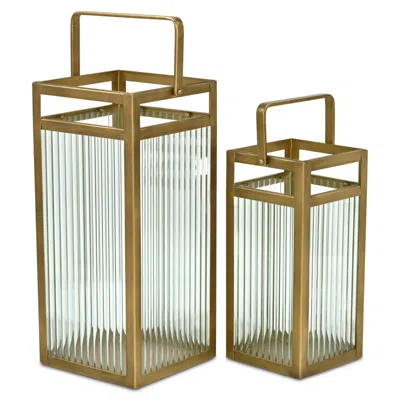 Breebe Set Of Two Gold Metal Floor Lantern Candle Holders In Brown