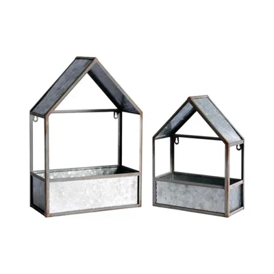 Breebe Set Of Two Grey Galvanized Metal Novelty House Shaped Hanging Planters In Gray
