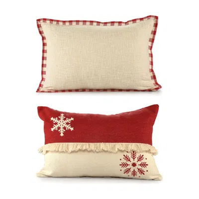 Breebe Set Of Two Ivory And Red Lumbar Christmas Plaid Cotton Throw Pillow Covers With Fringe