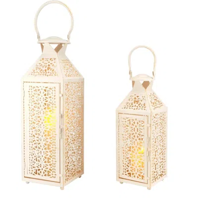 Breebe Set Of Two White Filigree Metal Tabletop Lantern Candle Holders In Neutral