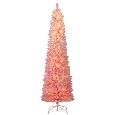 Breebe Snow-flocked Artificial Pink Christmas Tree Pre-lit Hinged Xmas Tree For Holiday Decoration
