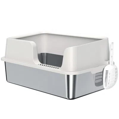 Breebe Stainless Steel Cat Litter Box With High Sides, Scoop And Anti-leak Design In Gray