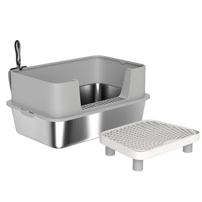 Breebe Stainless Steel Cat Litter Box With High Sides, Scoop And Pedal System In Gray
