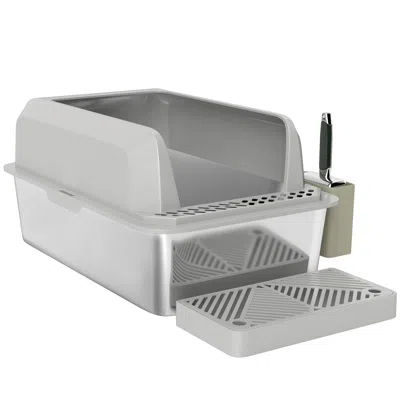 Breebe Stainless Steel Cat Litter Box With Metal Scoop And Scoop Holder In Grey
