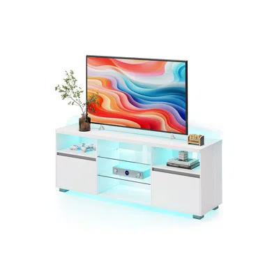 Breebe Stand With Led Lights For Tvs Up To 70 Inch, Entertainment Center With Open Glass Shelves, 2 Cabinet In White