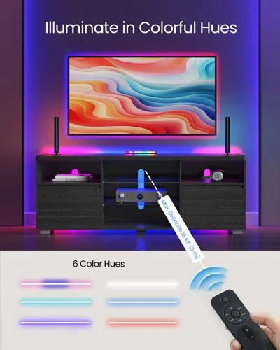 Breebe Stand With Led Lights For Tvs Up To 70 Inch, Entertainment Center With Open Glass Shelves, 2 Cabinet