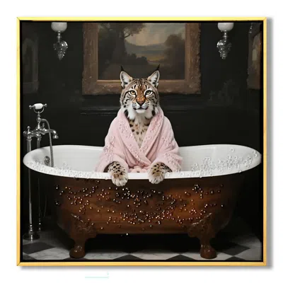 Breebe Tiger In Bathtub Wall Art Print Poster, Bathroom Decor, Wood Frame 16"x16" In Brown