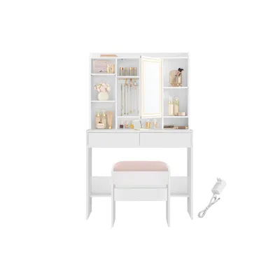 Breebe Vanity Desk With Mirror And Lights, Makeup Vanity With Upholstered Vanity Stool, Dimmable Led Lights In White