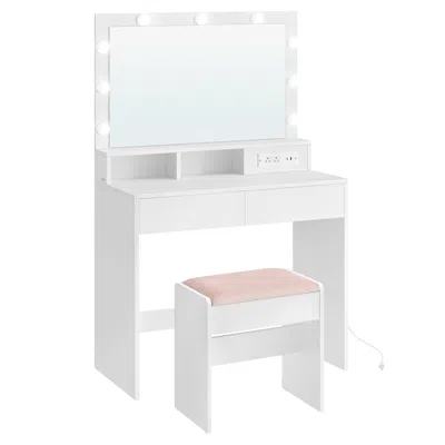 Breebe Vanity Desk With Power Outlets, Makeup Vanity With Mirror And Lights, With Upholstered Vanity Stool, In White