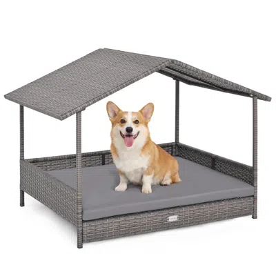 Breebe Wicker Dog House Elevated Pe Rattan Dog Bed With Canopy In Gray