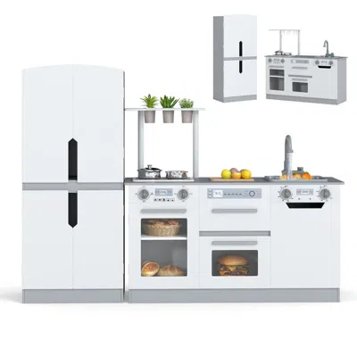 Breebe Wooden 2 Piece Kids Kitchen Playset With Fridge And Running Water In White