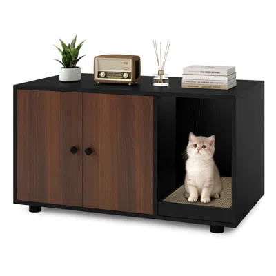 Breebe Wooden Cat Litter Box Enclosure Hidden Litter Box Furniture With Scratching Board In Burgundy