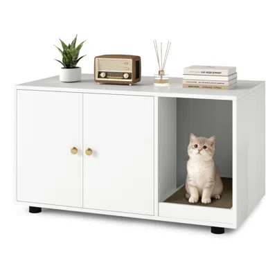 Breebe Wooden Cat Litter Box Enclosure Hidden Litter Box Furniture With Scratching Board In White