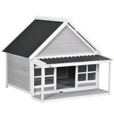 Breebe Wooden Dog House With Porch And Tilt Roof For Medium Large Dogs In Gray