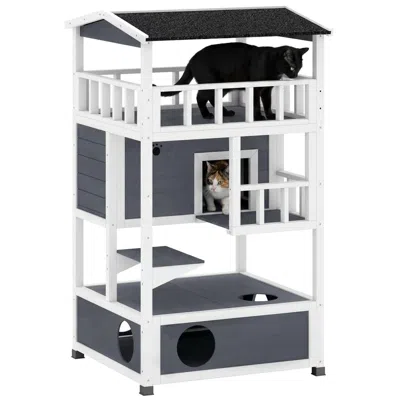 Breebe Wooden Outdoor Cat House With Asphalt Roof And Escape Doors In Gray