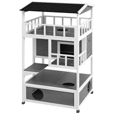 Breebe Wooden Outdoor Cat House With Asphalt Roof, Escape Doors And Jumping Platform In Multi