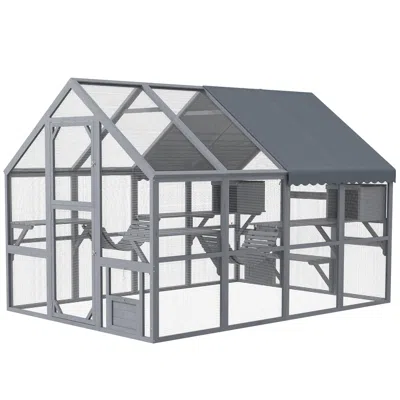Breebe Wooden Outdoor Catio Cat Enclosure With Waterproof Cover, 2 Condos And Platforms In Gray