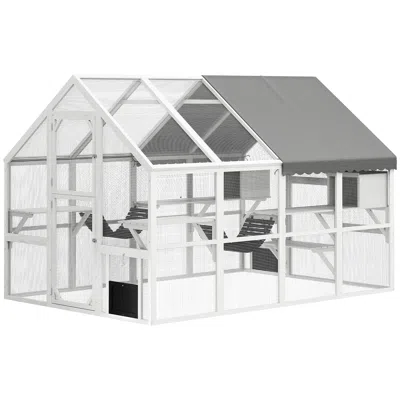 Breebe Wooden Outdoor Catio Cat Enclosure With Waterproof Cover, 2 Condos And Platforms In White