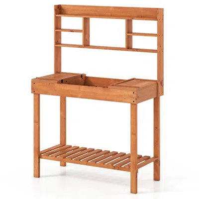 Breebe Wooden Potting Bench Table 61" Garden Planting Workstation With 3-tier Open Shelf In Brown
