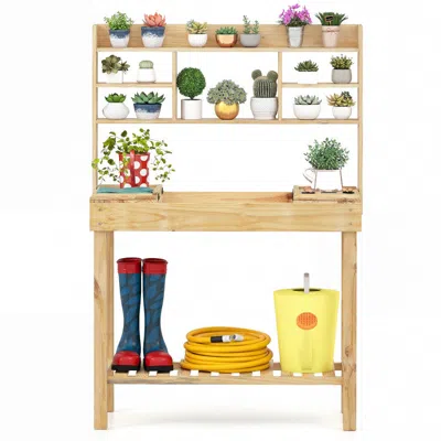 Breebe Wooden Potting Bench Table Garden Planting Workstation With 3-tier Open Shelf In Brown