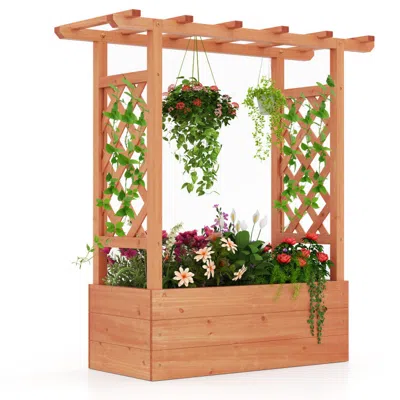 Breebe Wooden Raised Garden Bed Elevated Planter Box With Trellis And Hanging Roof In Brown