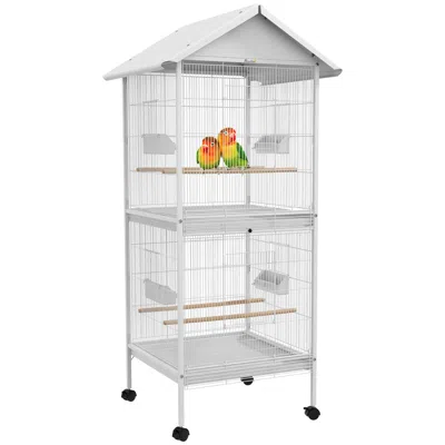 Breebe Wrought Metal Bird Cage Feeder With Rolling Stand Perches Food Containers Doors Wheels In White