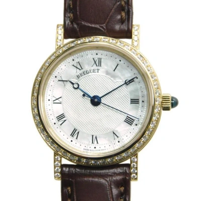 Breguet Classique Mother Of Pearl Dial 18kt Yellow Gold Diamond Black Leather Ladies Watch 8068ba529 In Brown