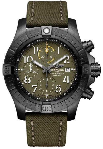 Pre-owned Breitling Avenger Chronograph 45mm Green Face Night Mission Mens Pilot Watch