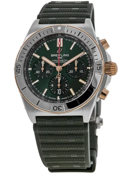 Breitling Chronomat B01 42 Automatic Chronograph Green Dial 18k Rose Gold Bezel Rubber Strap Men's Watch Ub013